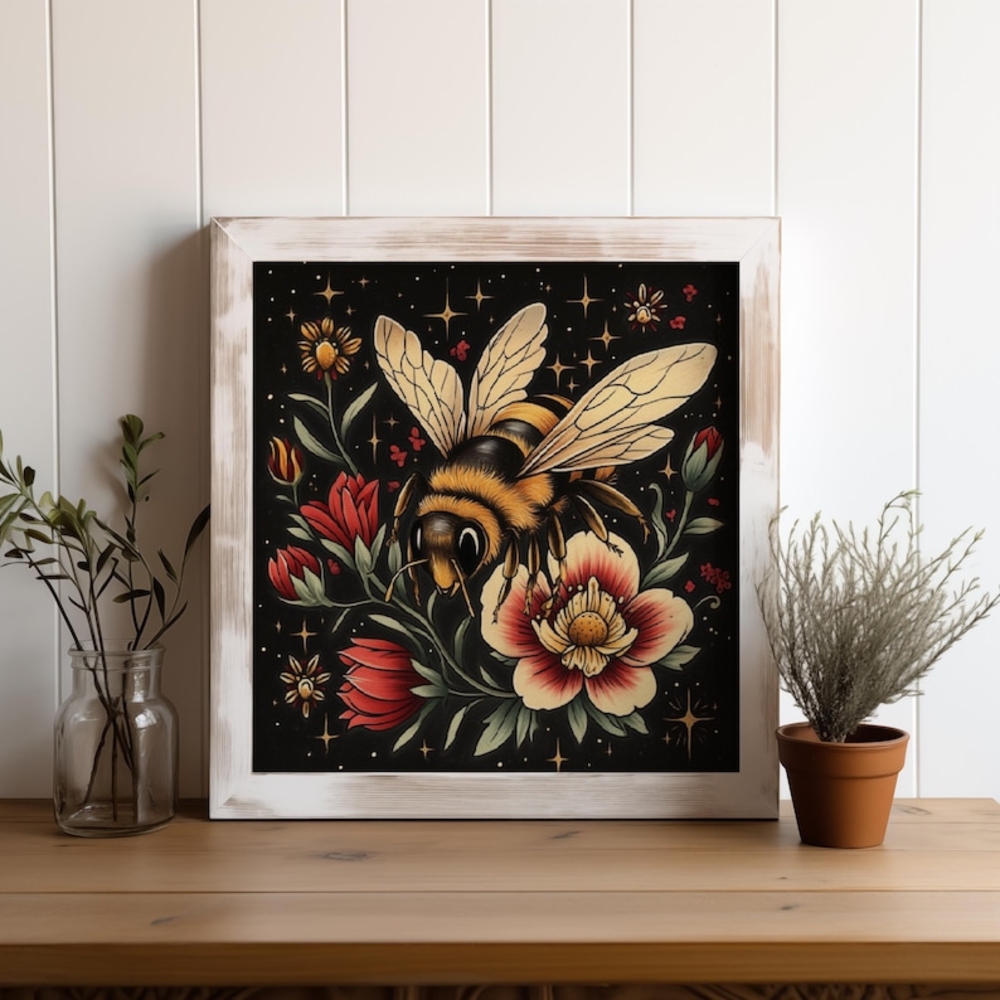 Framed Bee and Floral Art Print